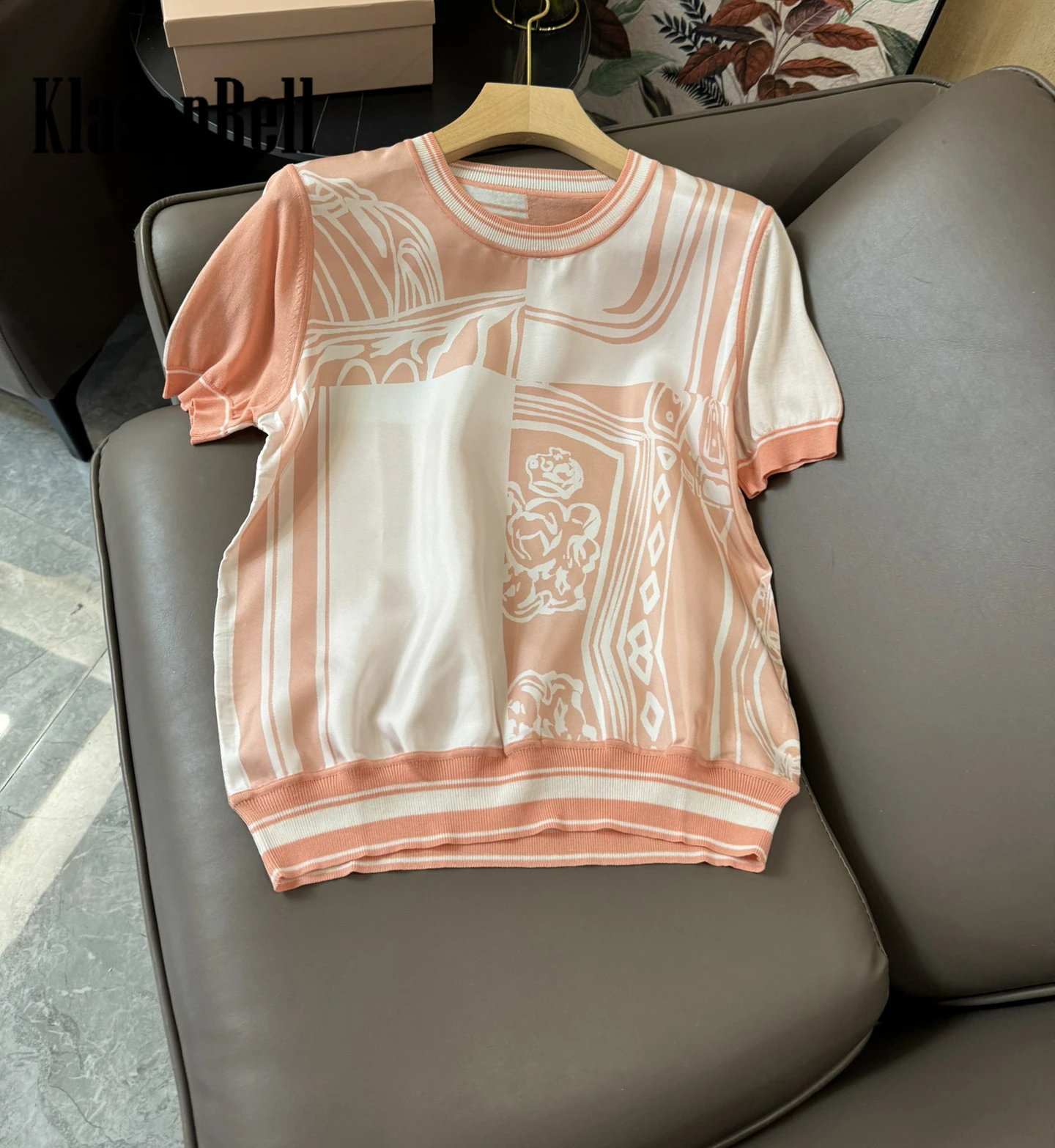 5.7 KlasonBell Silk Contrast Color Print Spliced Jacquard Knitwear Top For Women Short Sleeve Comfortable T-Shirt