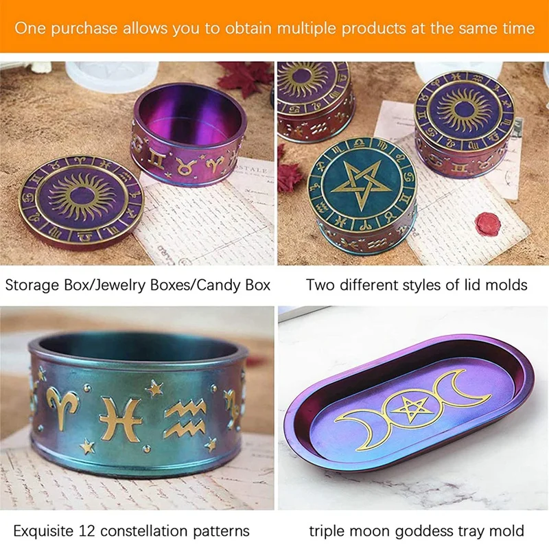 Resin Storage Box Mold With 2 Different Pattern Lids Triple Moon Goddess Tray Silicone Mold For Jewelry Container