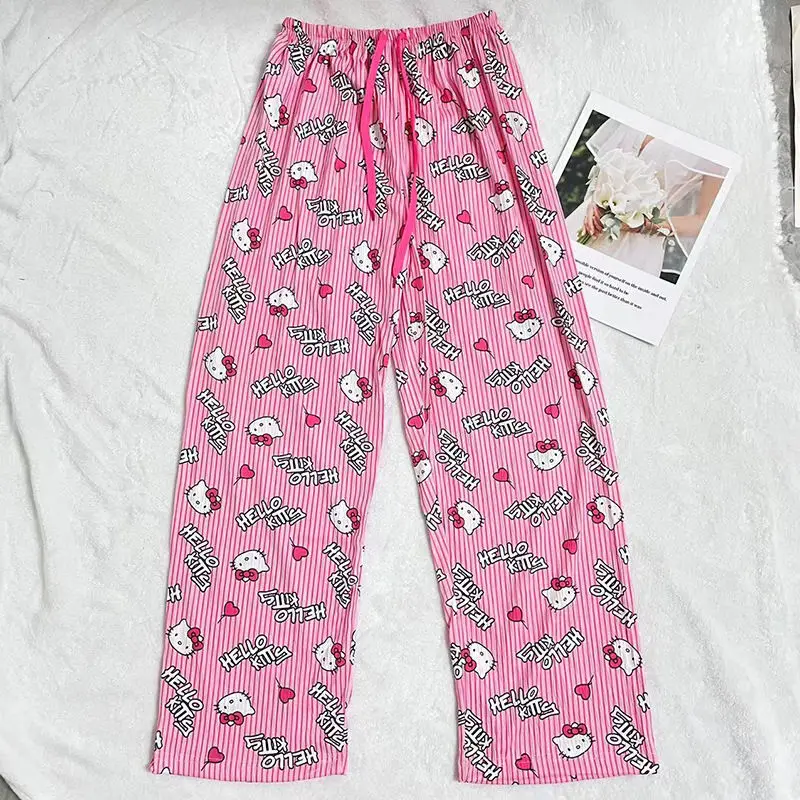 Cute Korean Style Cartoon Hello Kitty Sweet Sleeping Pants for Women in Summer Loose and Thin Pink Casual Home Pants for Girls