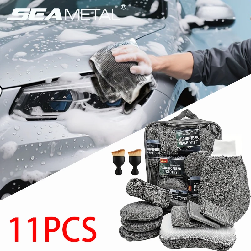 SEAMETAL Kit de Nettoyage Auto 11 Pièces en Microfibre Amélioré avec Brosse pour Jantes et Pneus, Éponge, Serviette, Gants de Détail et Tampons de Nettoyage avec Sac de Rangement