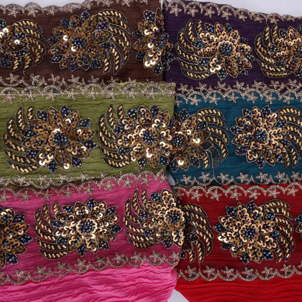 Beaded Sequin Brimless Turban Cap Floral Embroidery Lace Trim Head Cover Hat Adjustable Elastic Islamic Headwear Hair Protection