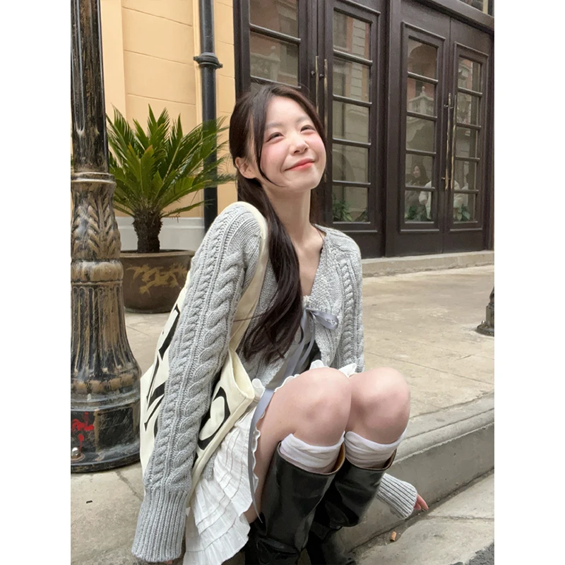 Grey Knitted Open Cardigan Women's Strap Vest Early Autumn Set White Cake Skirt A-Line Skirt Salty Sweet Three-Piece Set