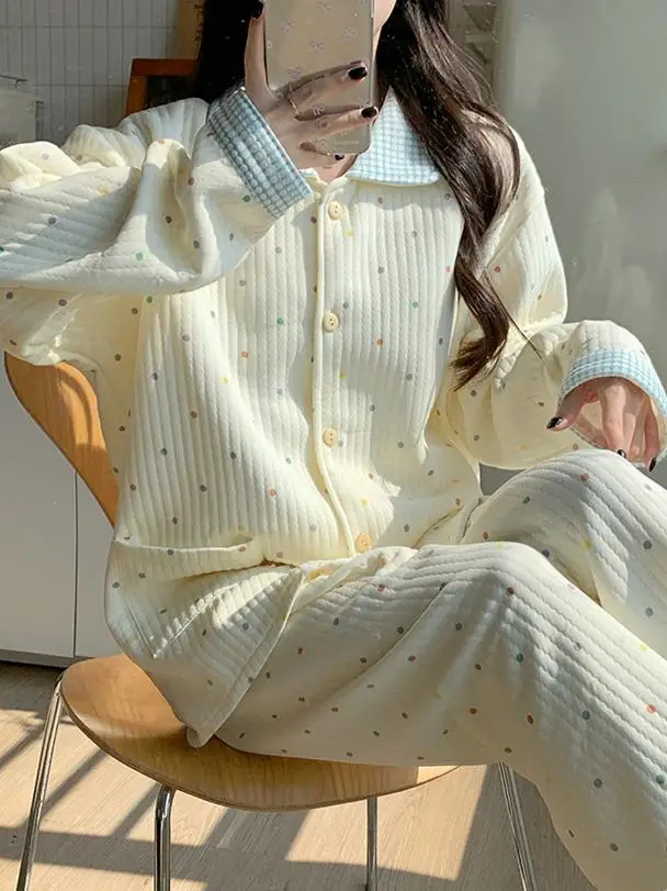 Conjunto de Pijamas Acolchados de Aodón ueso para Mujer, Otoño Invierno, Hoado, con Estampado de Lunares, Manga Larga, ...