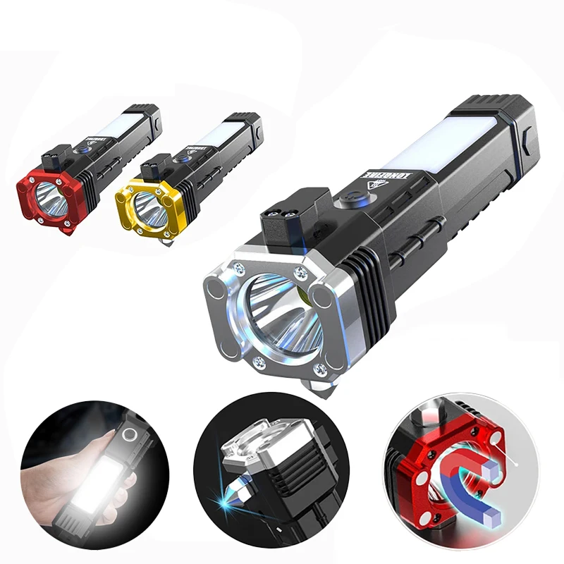 New Multifunctional Super Bright LED Flashlight Side Light COB Built-in Battery USB Charging With Magnet Torch Safety Hammer