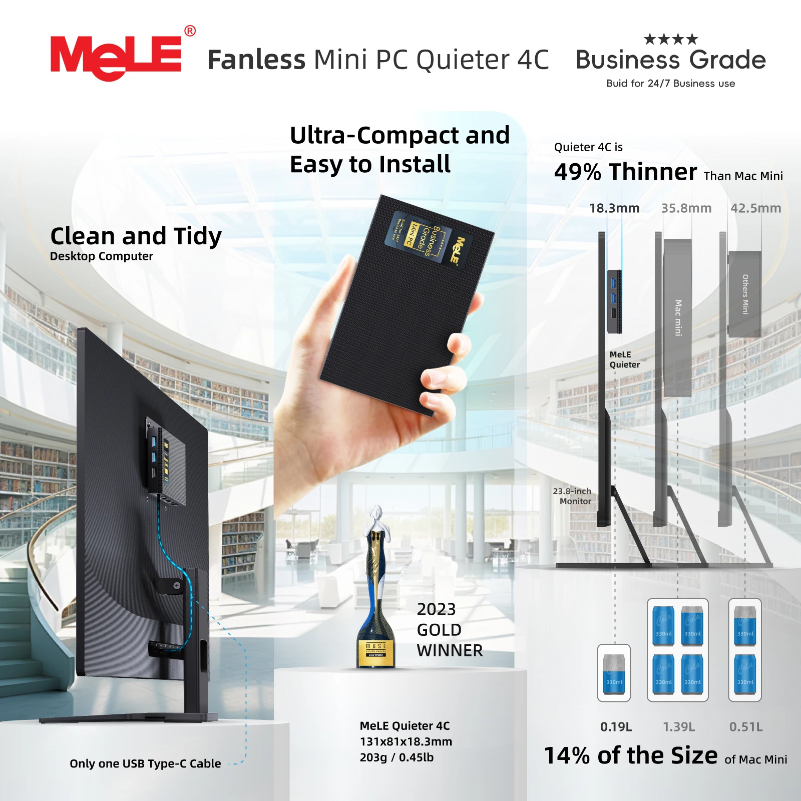 MeLE Quieter 4C Fanless Mini PC N150 8GB 128GB USB-C Dual HDMI 4K@60 Triple Display 0dB Silent Micro Computer Gamer BIZ/SE Grade