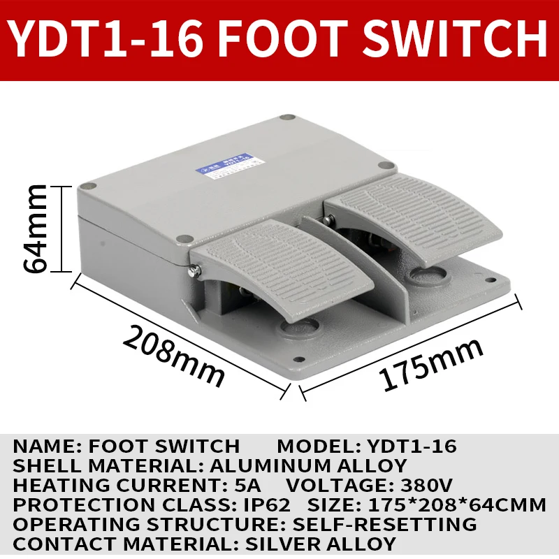 

YDT1-16 AC 380V 6A aluminum double with KH9011 core silver point foot pedal switch Aluminum alloy