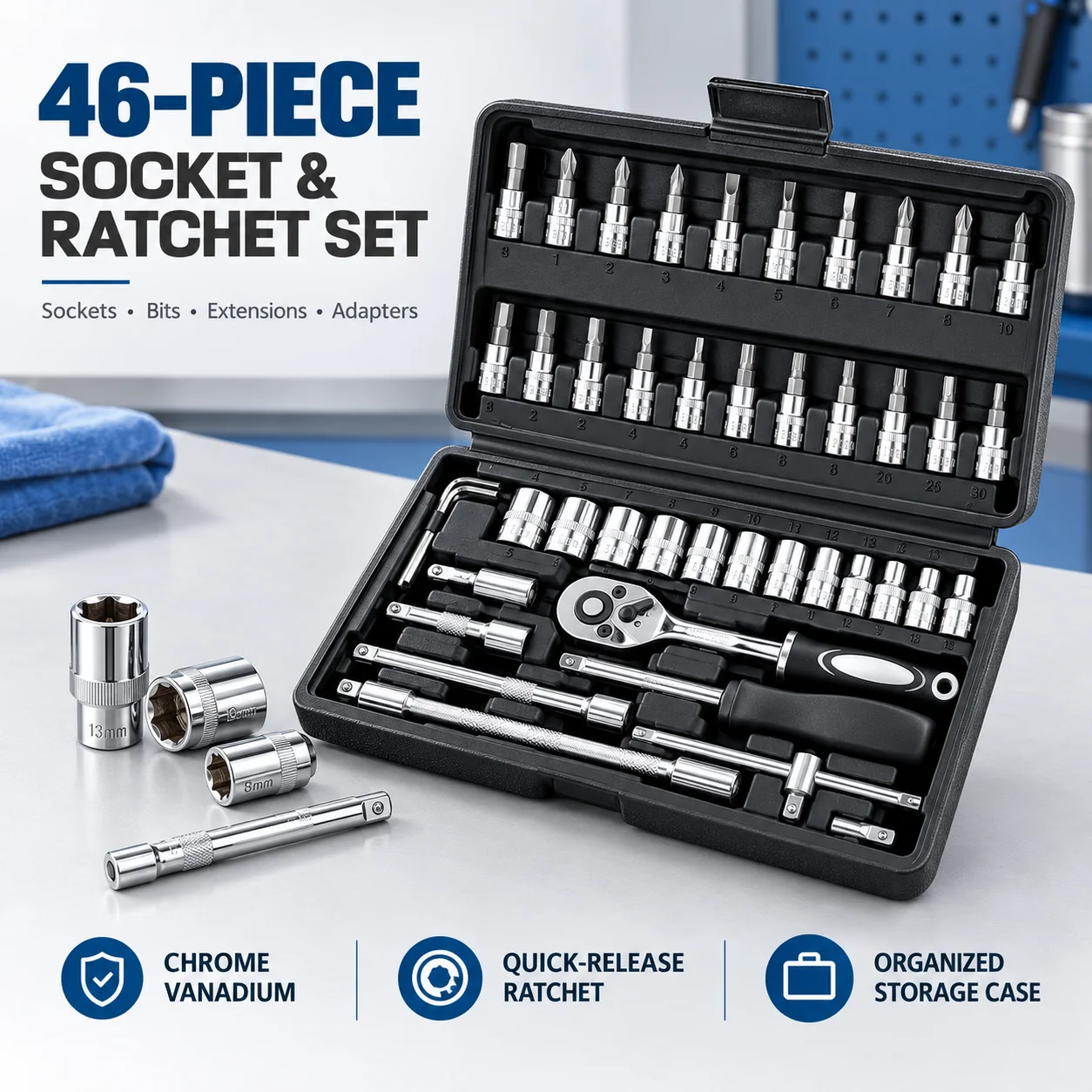 46-Piece Socket and Ratchet Set, 1/4-Inch Drive with Sockets, Bits, Extensions, Adapters and Storage Case for Auto Repair