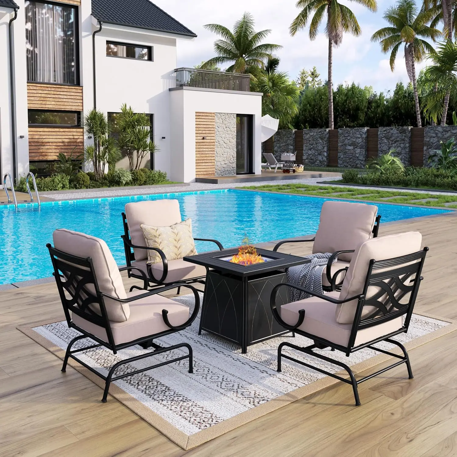 

Outdoor Sectional Furniture Set, Metal Patio Couch with Fire Pit Table, Patio Sofa with Cushions