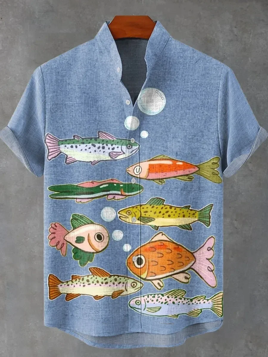 

Men's New Fishing Enthusiast Clothing Elegant Fish Print Summer Short Sleeved Shirt Linen Comfortable Fabric Button Top