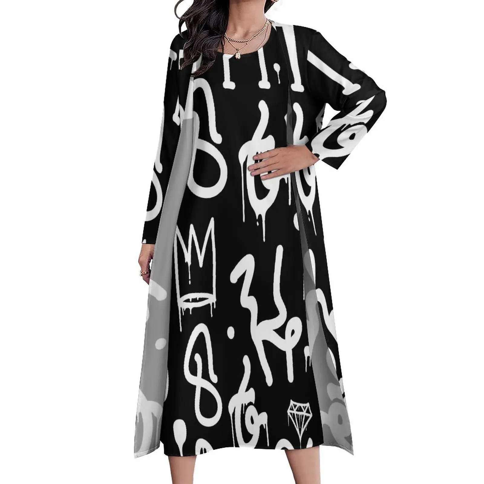 

Black And White Graffiti Dress Autumn Abstract Symbol Fashion Bohemia Long Dresses Women Graphic Cute Maxi Dress Big Size 5XL