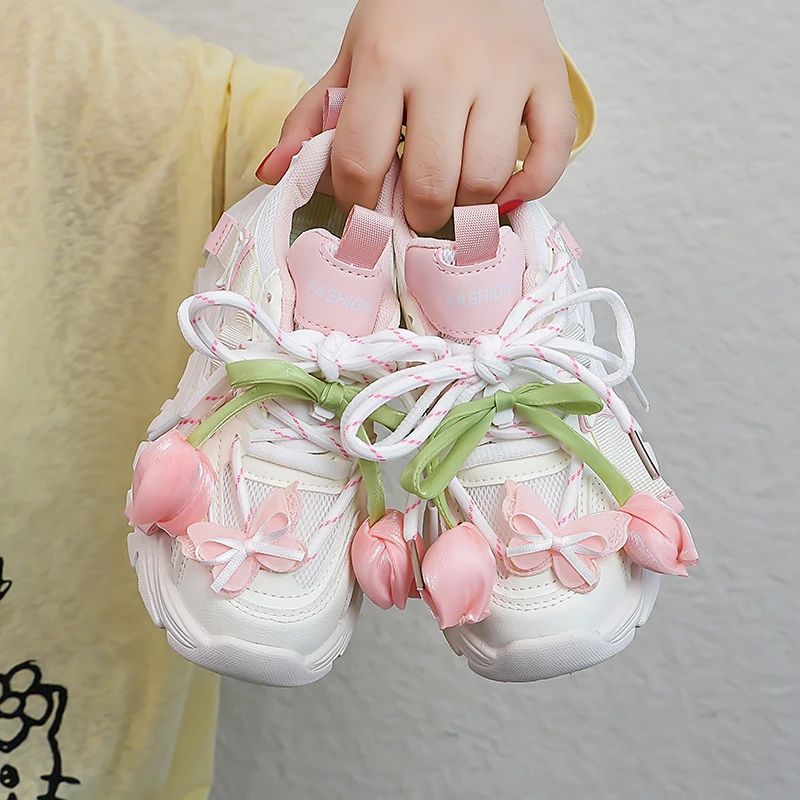 

Kids Sneakers for Girls Spring Autumn Sweet Flower Children's Fashion School Sport Shoes Mesh Causal Toddlers Running Sneakers