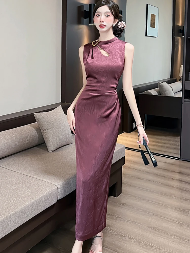 Summer Purple Jacquard Satin Chic Hollow Out Diamonds Dress Women Elegant Luxury Evening Dress 2025 Korean Vintage Party Dresses