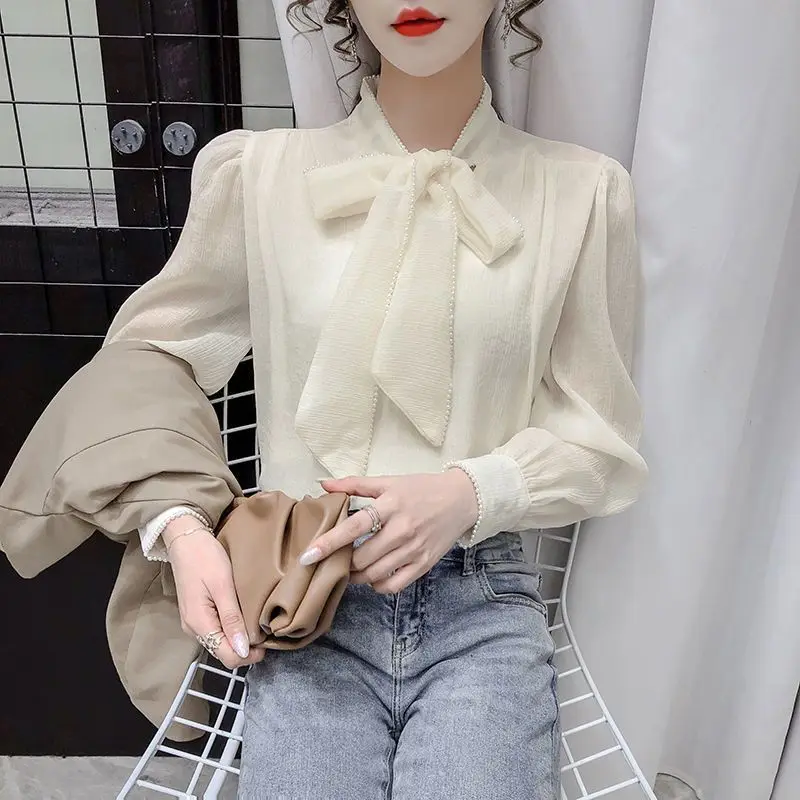 New French Bow Ribbon Long Sleeved Top with Female Design Niche Chiffon Shirt