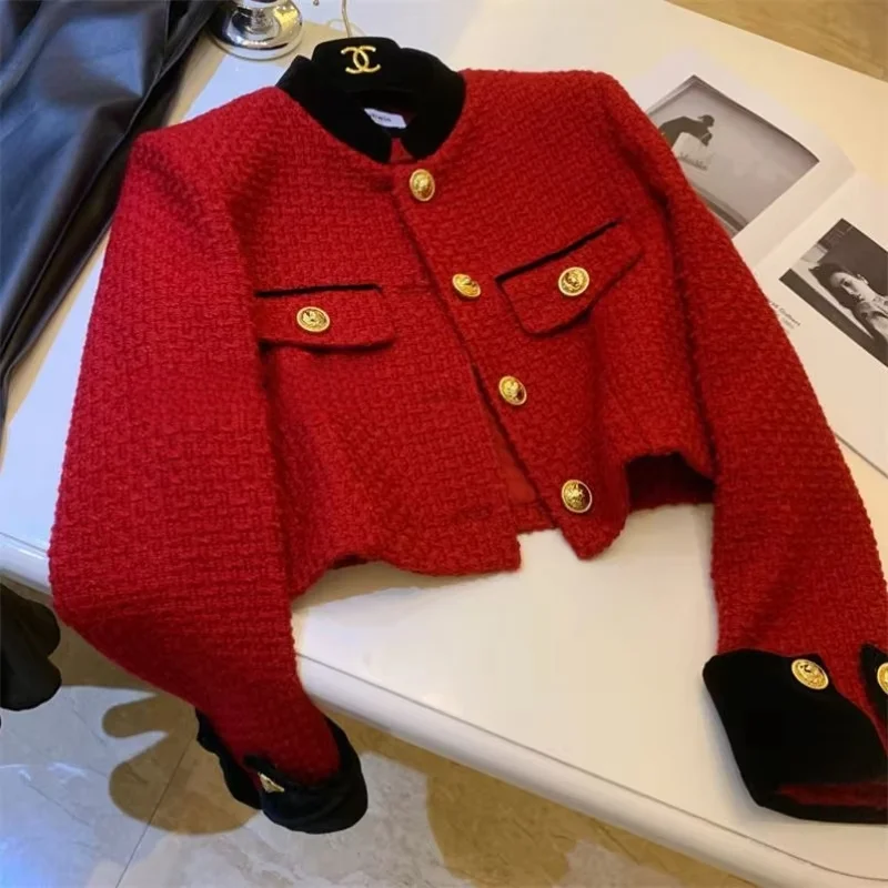 Design Sense Contrasting Color Jacket For Women 2026New Temperament Red Stand Up Collar Coarse Tweed Jacket Top Ladies Wool Coat