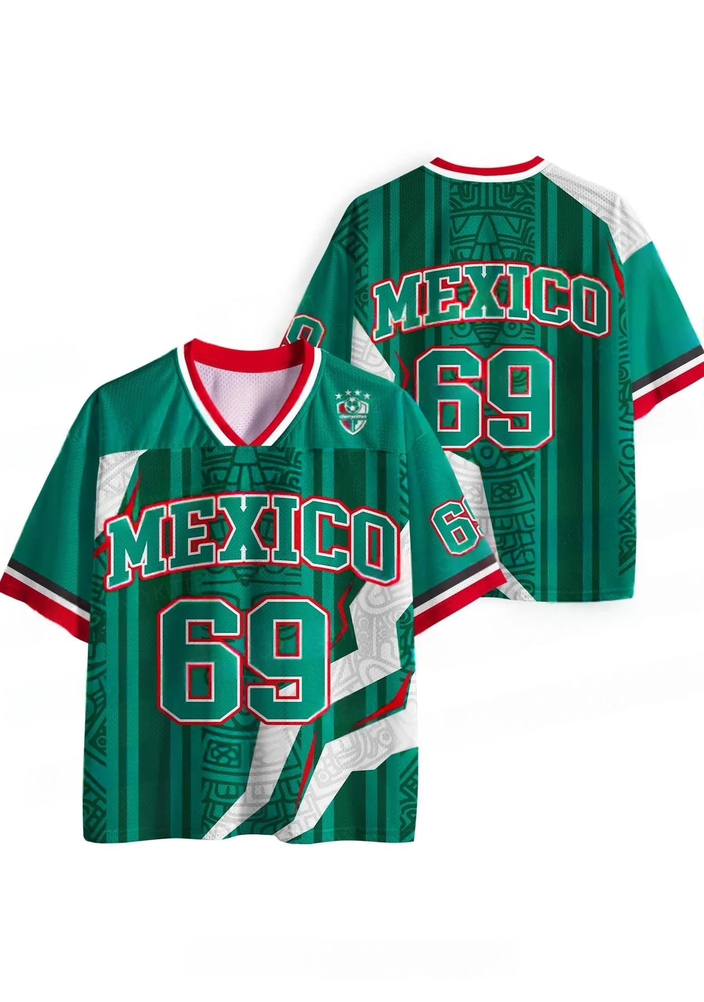 Mexican Football Jersey Number 69 Aztec Tribal Print V-neck Short Sleeved Green Red for Adults and Children