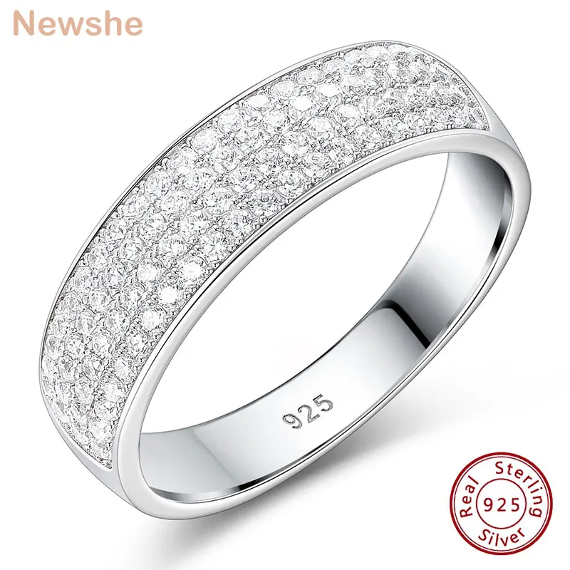 Newshe 925 Sterling Silver Wedding Band 7mm Width with 4 Row 84 Round Cut 5A Zircon Engagement Ring for Men Women Lovers Couples