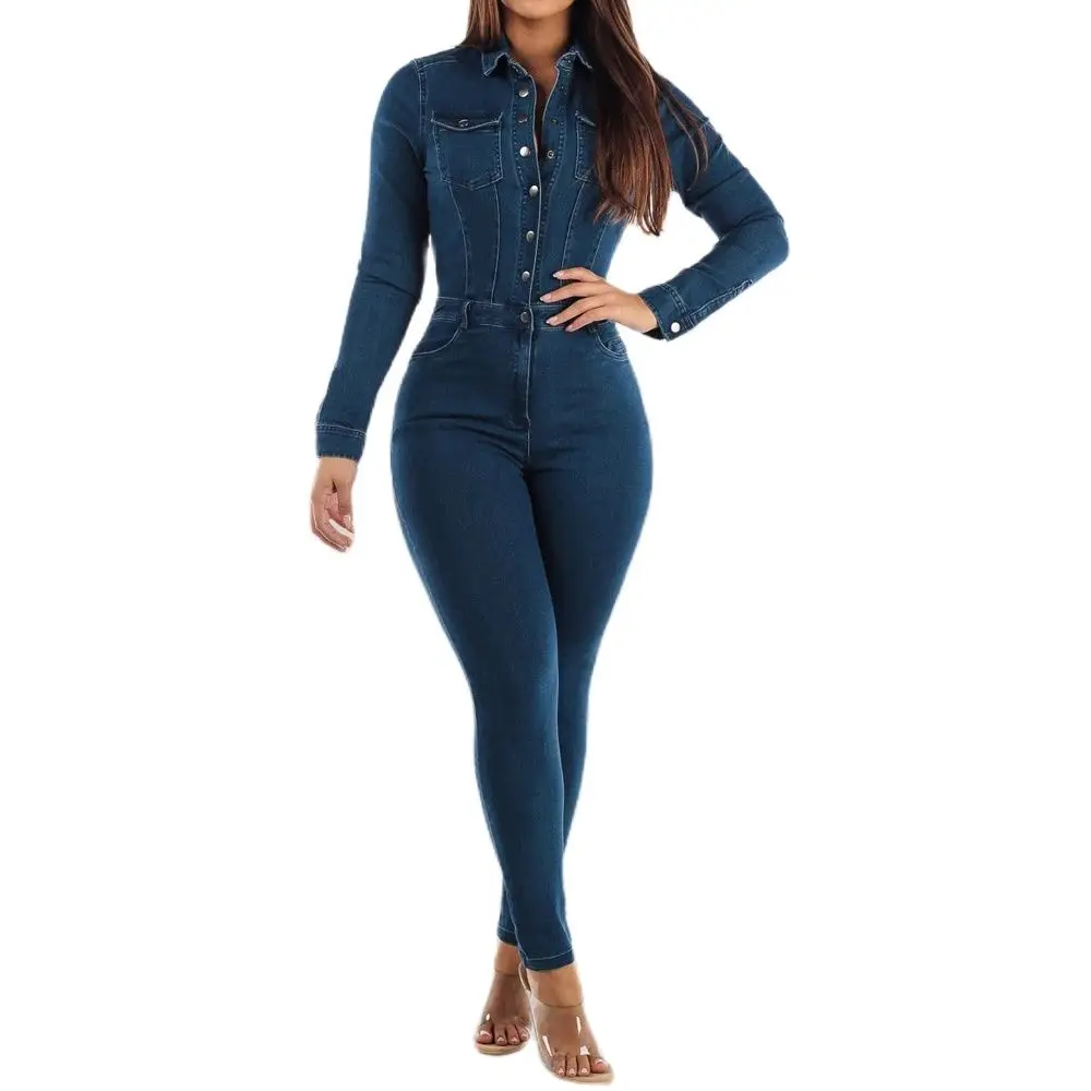 Women Long Sleeves Demin Jumpsuit Sexy Pencil Pants Blue Stretch Denim Bodysuit 2024 America Europe Fashion Silm Jean Overalls