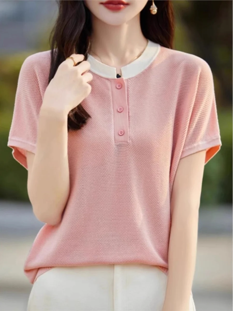 

Lose Fit ort Sve T-irt Women's round Ne Splicing Color Knitted Woolen Top Silk Blend Summer Basic Layering irt