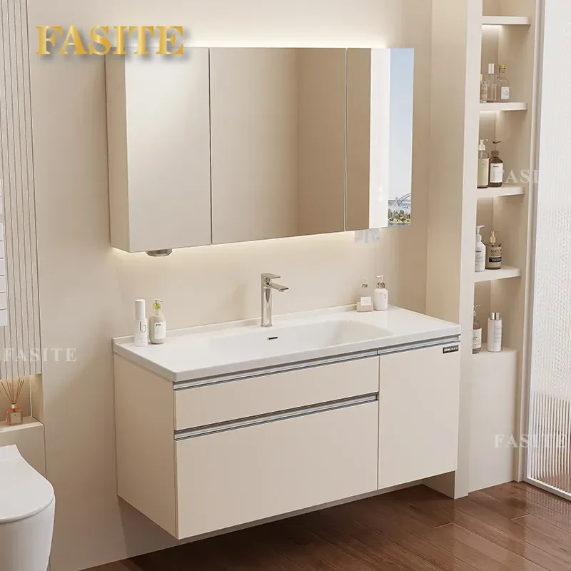 Modern Cream Bathroom Vanity Cabinet with Ceramic Integrated Basin Simple Wall Mounted Washstand Combo for Guest Bath Storage