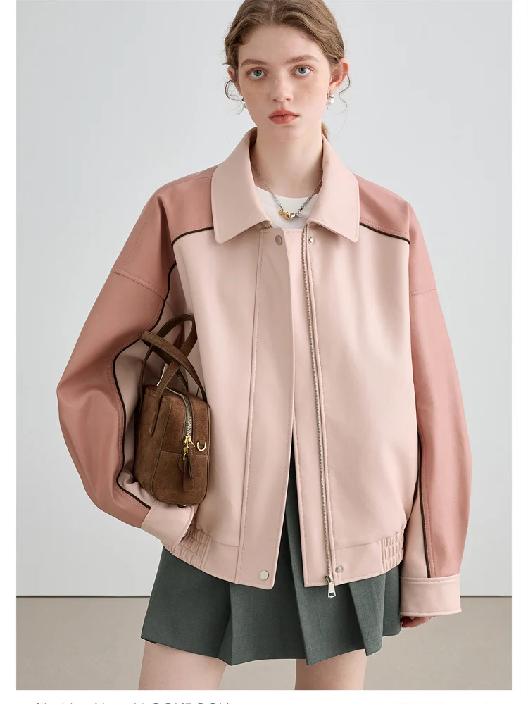 MOLAN Pink Elegant Woman Leather Jacket Sweet Fashion Lapel Pockets New Jacket Biker Ladies Atumn PU Coat