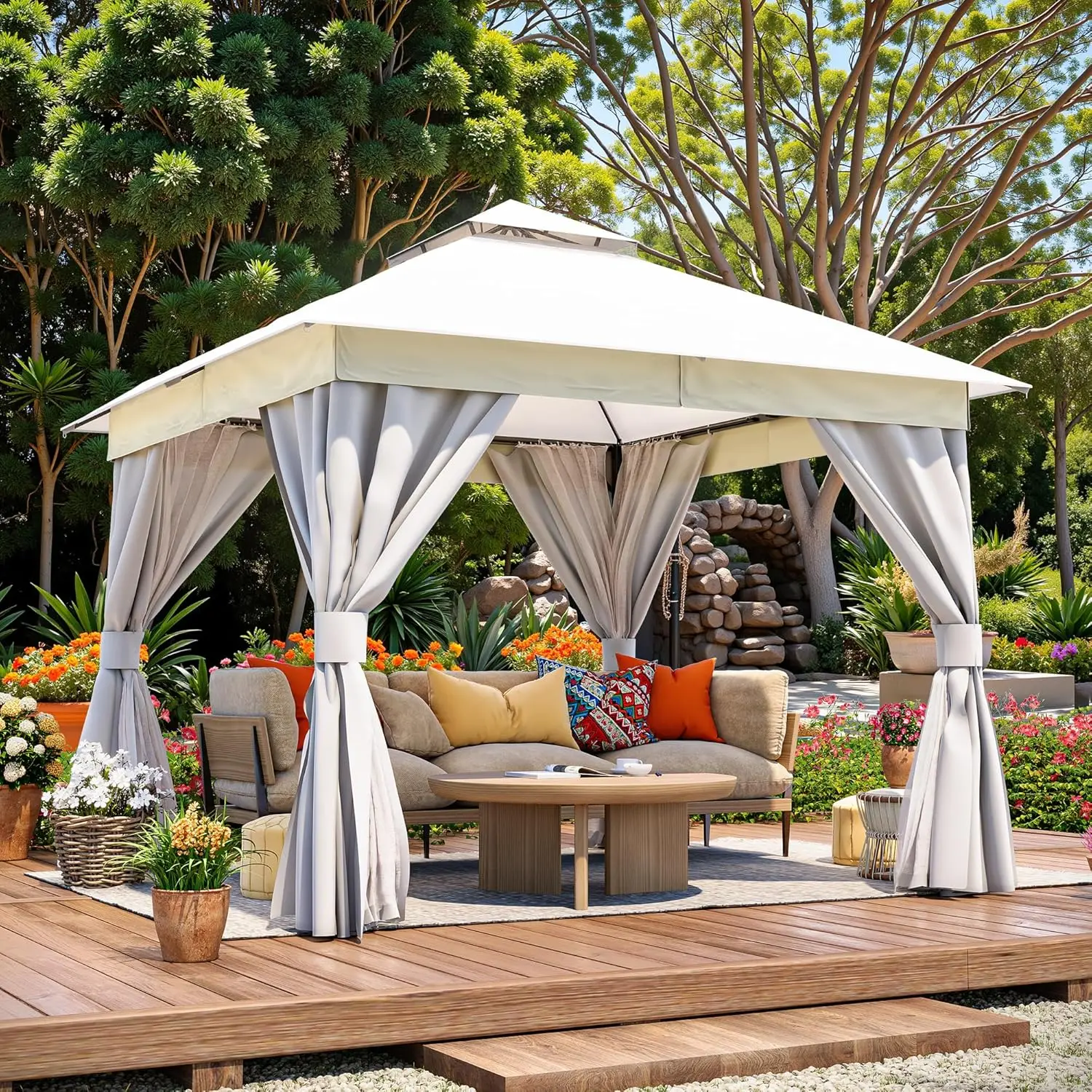 

Semi Permanent Patio Gazebo 10'x10' with Expansion Bolts Outdoor Heavy Duty Party Tent with Double Roofs Mosquito Nettings and P
