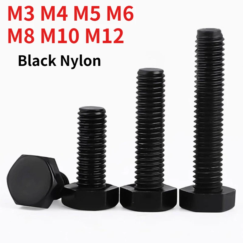 M3 M4 M5 M6 M8 M10 M12 Black Nylon Hex Head Bolt Plastic Hexagon Machine Screw Insulating Non‑MetallicHardware Fastener