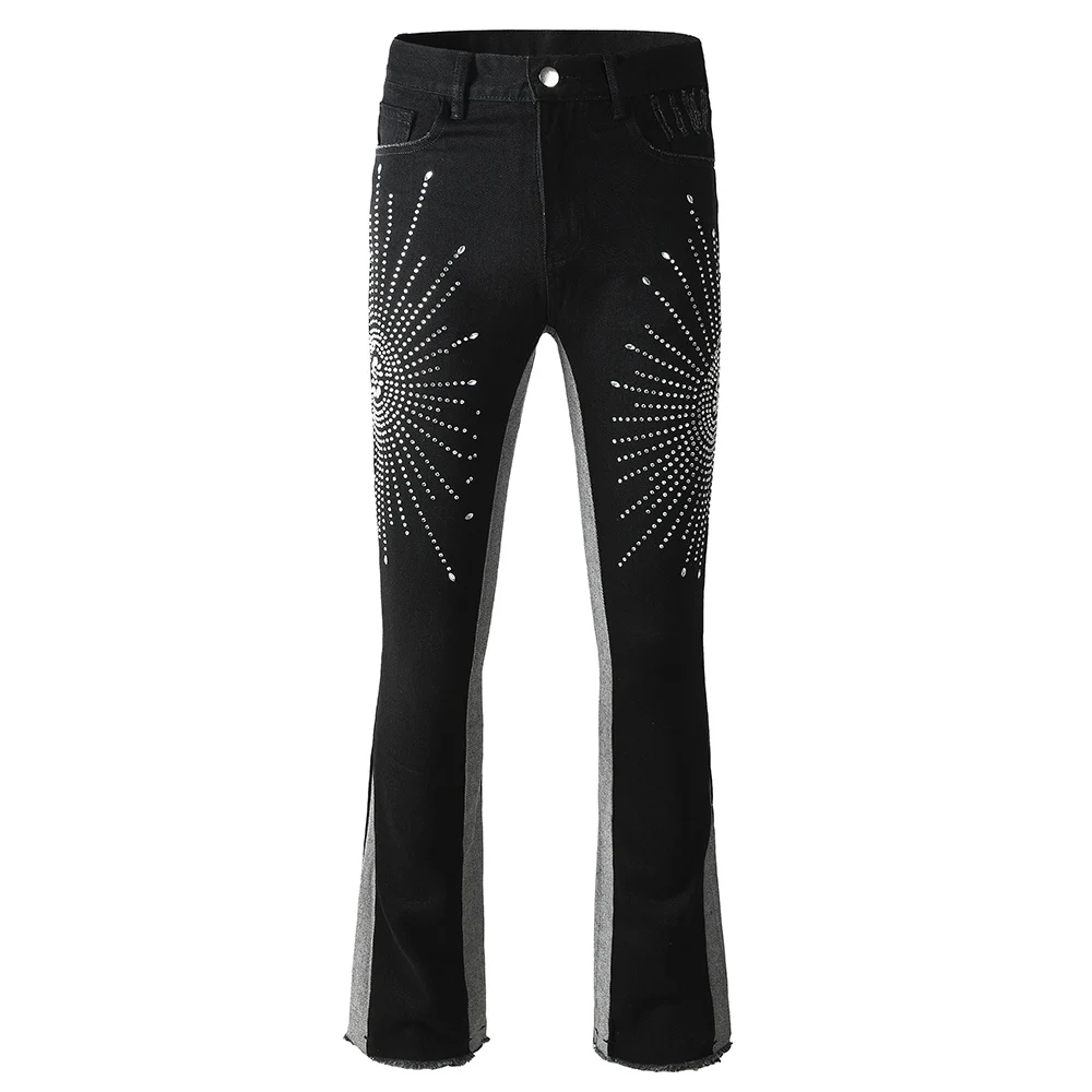 Men's Rhinestone Boot Cut Jeans Streetwear Crystal Flared Pants Casual Black Cotton Denim Fringe Hem Trousers