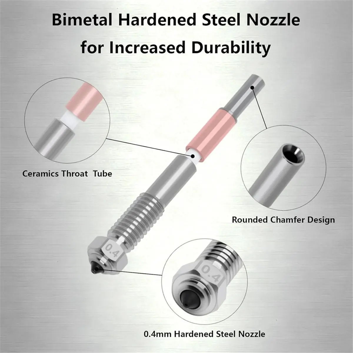 BHBL 5PCS Bimetal Nozzle for QIDI Q2/Q2C,Quick-Swap Integrated Ceramic Throat Tube Hardened Steel Nozzle 0.2/0.4/0.6/0.8mm