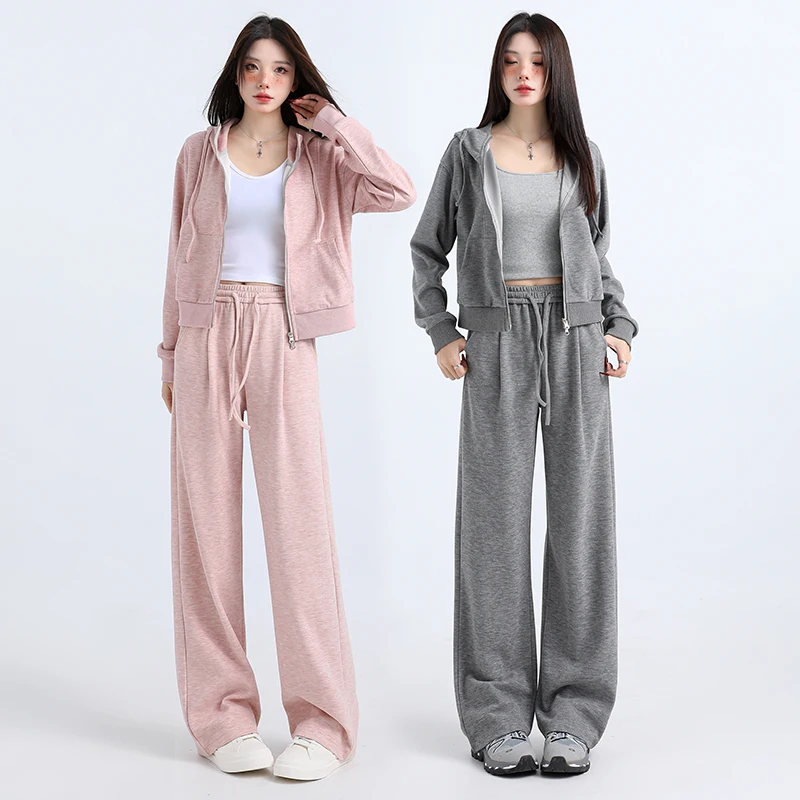 

High-quality casual women's suit2025New Spring and Autumn Pink Cardigan Hooded Jacket with Slimming Effect and Trendy Straight-L