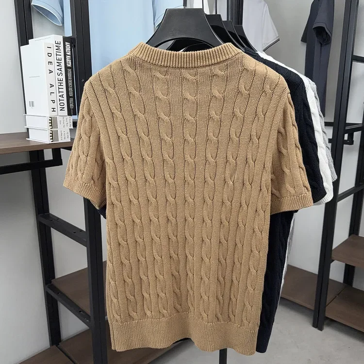 Herren-Kabelstrick-T-Shirt mit kurzen Ärmeln, 100 % Baumwolle, Rundhalsausschnitt, lässig, einfarbig, Sommer-Strick-T-Shirt – Detail 5