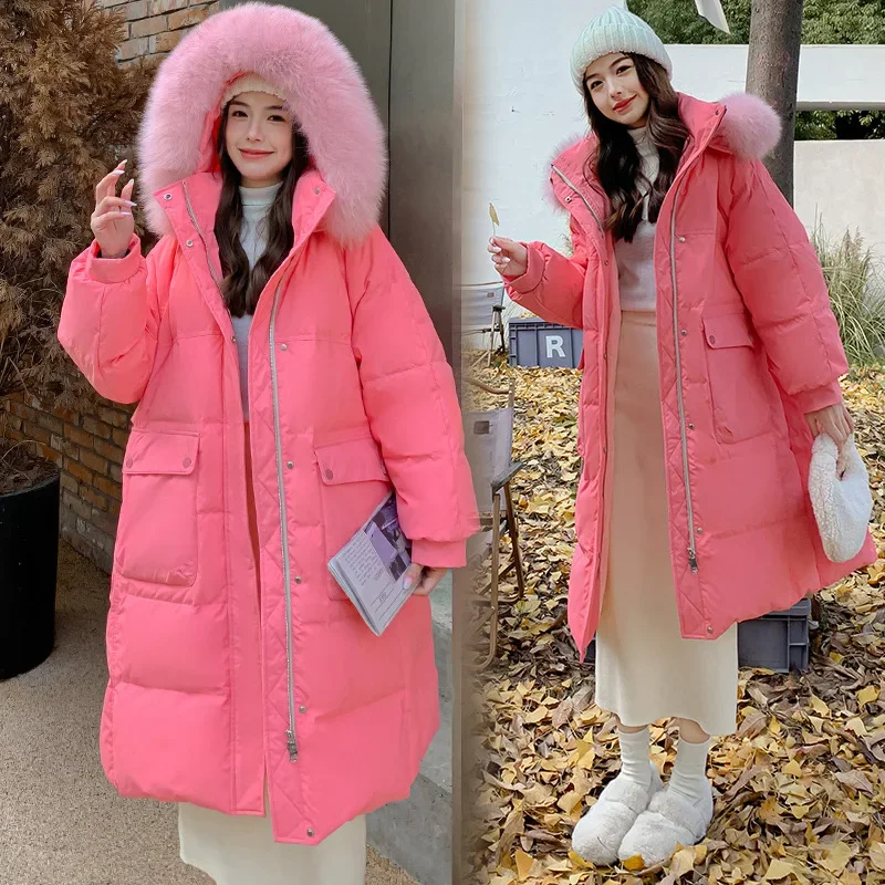 Women Fox Fur Collar Hooded Down Jacket Loose Purple Long Thickened Macaron Color White Duck Slimming Widened 6XL Oversized Coat