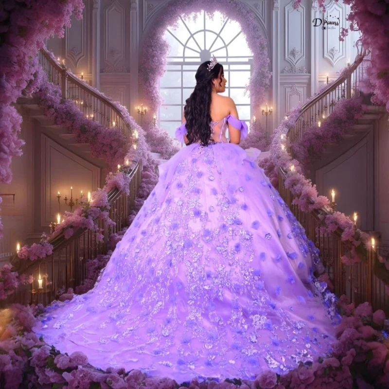 Vestidos de quinceañera morados personalizados con hombros descubiertos, calcomanía brillante, cola larga, Vestido de flores 3D, 15 quinceañera