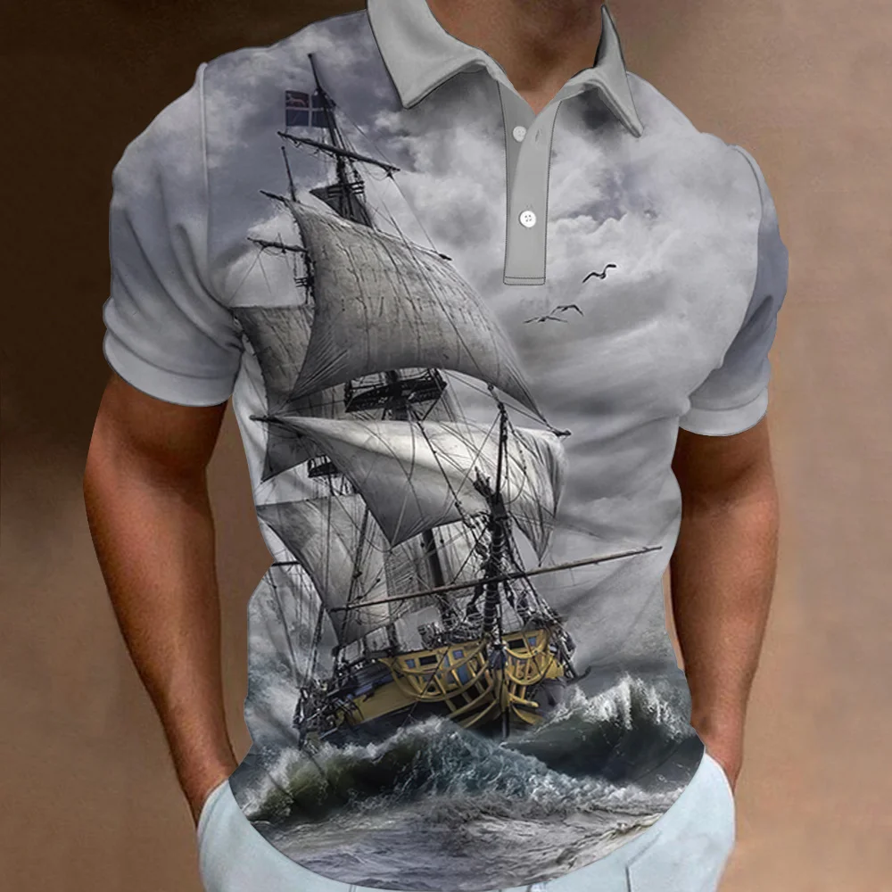 Vintage Polo T Shirt For Men Summer Short-Sleeve Clothing Sailing Print Casual Streetwear Fashion Oversized Men'S T-Shirts Tops