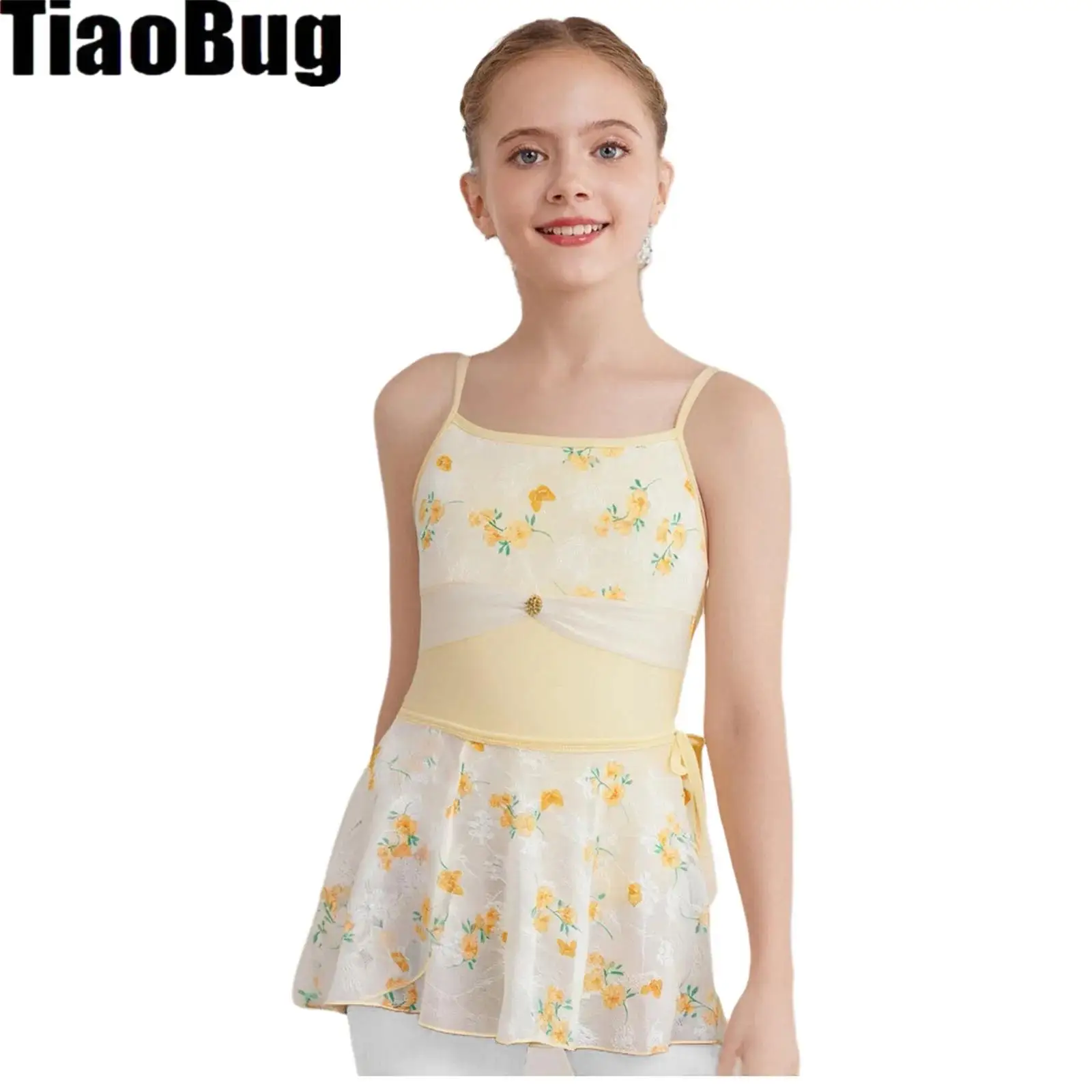 

Girls Ballet Leotard Dress Sleeveless Adjustable Straps Floral Printed Mesh Gymnastics Bodysuit with Skirt Ballerina Dancewear