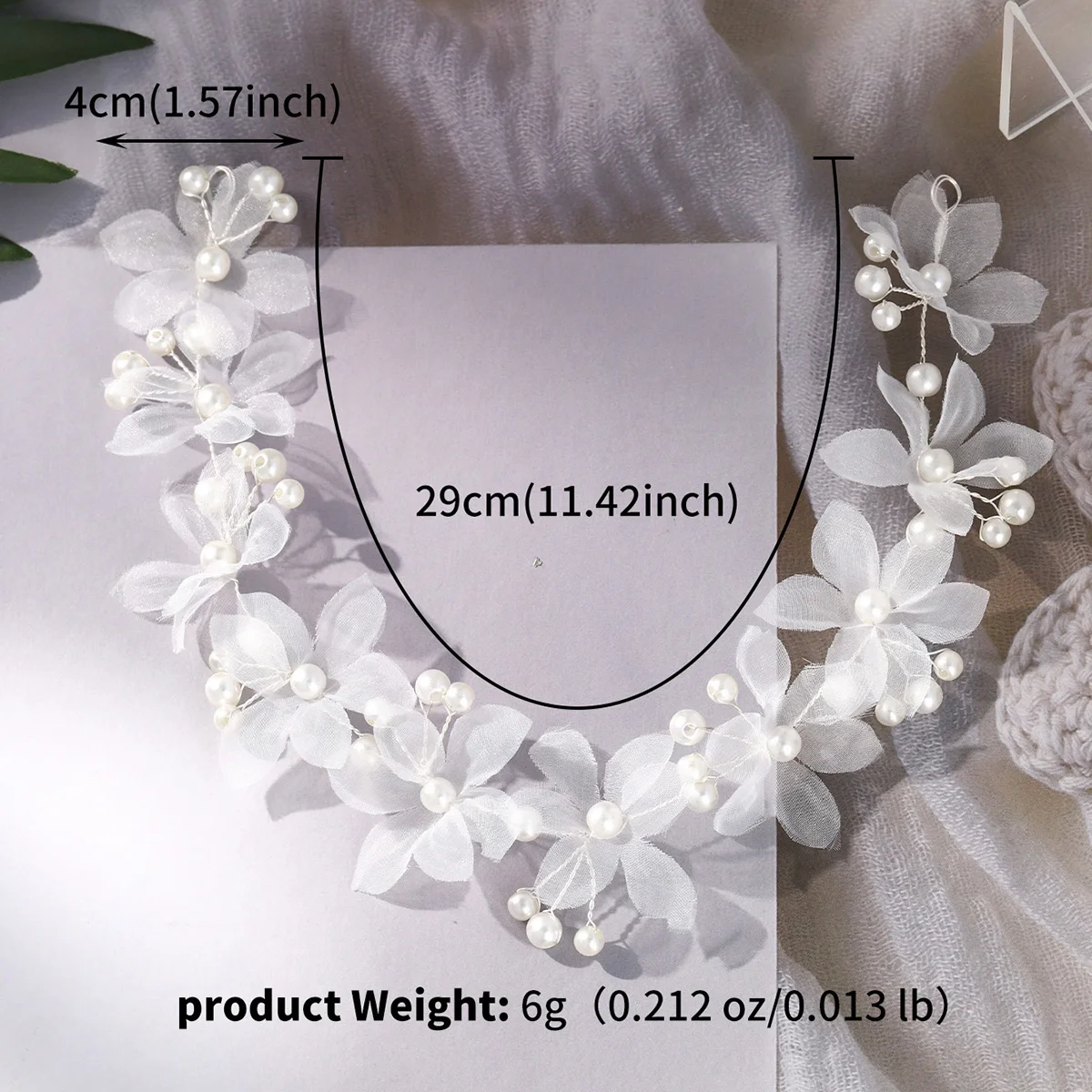 Elegant White Organza Flower Bridal Headband Pearl Floral Hair Vine Fairy Wedding Hair Accessories Bridesmaid Party Headdress image 6