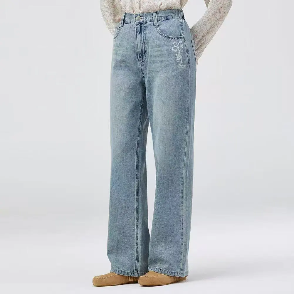 

High Waist Straight Leg Jeans Elastic Waist Washed Cotton Long Pants Summer Island Brand Women's Casual Fashion Breathable