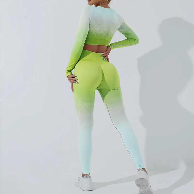 Seamless Women Yoga Set Workout Tracksuit Sportswear Gym Clothing Fitness Long Sleeve Crop Top High Waist Leggings Gradient Suit