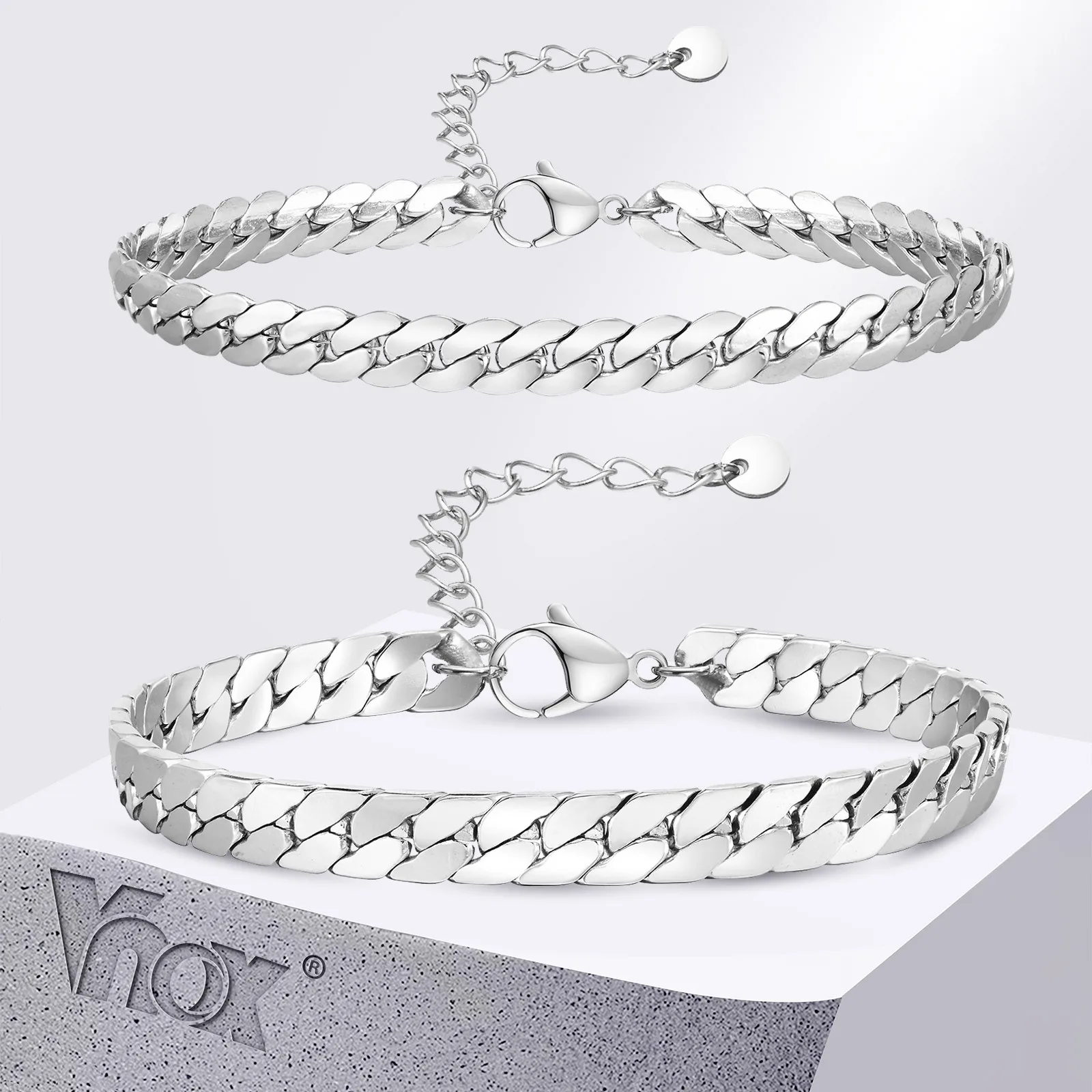 Vnox Wodoodporne kubańskie bransoletki łańcuszkowe dla mężczyzn i kobiet, nigdy nie blakną Prosta płaska opaska na nadgarstek ze stali nierdzewnej Miami Curb Link Chain