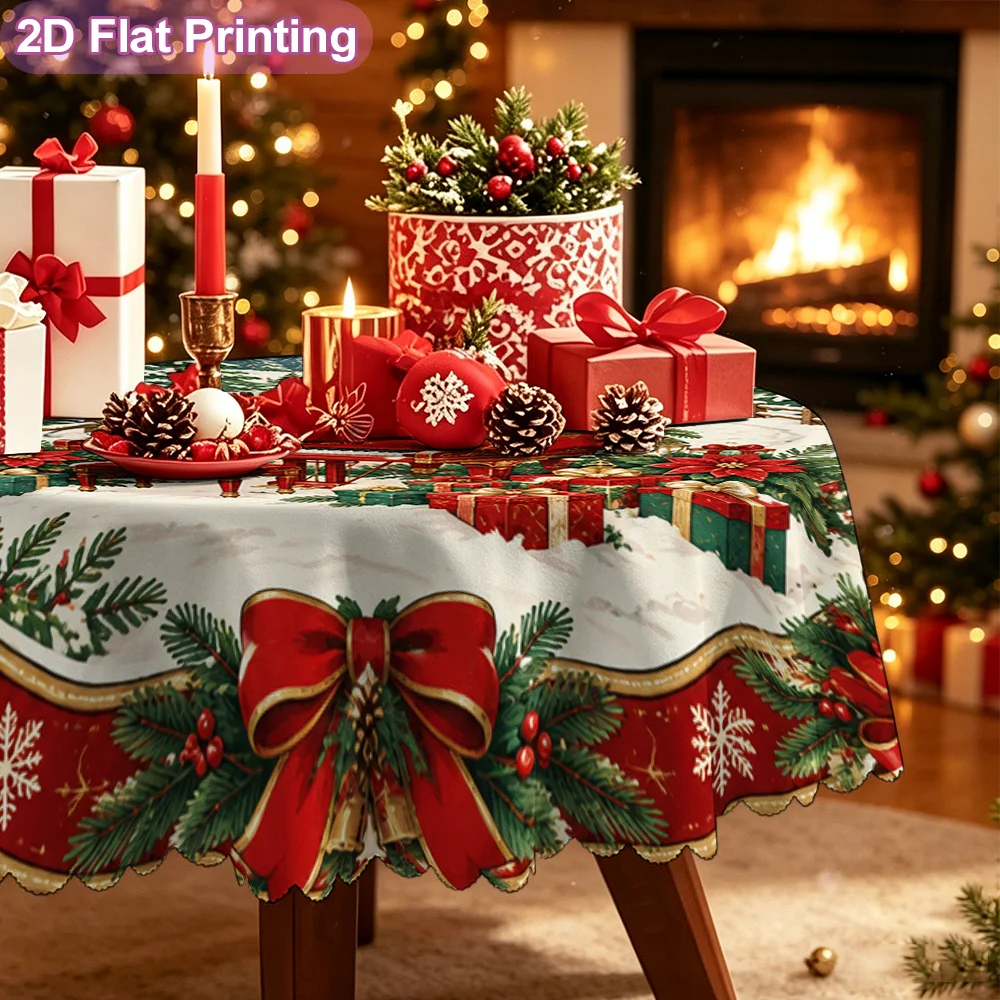 2D flat single tablecloth, modern Nordic round tablecloth, Christmas red piano snow print