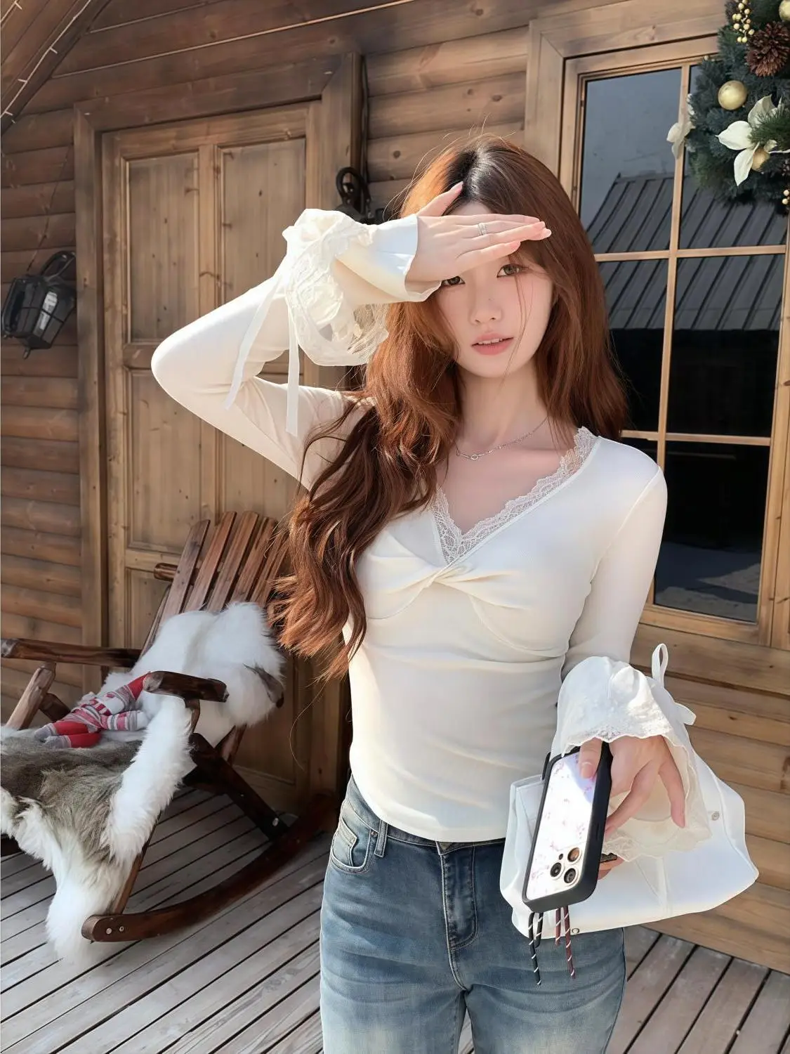 

Ele White Lace Long Sve T-irt Women's Spring Sexy Waist-Cinching Knot Boting irt Casual Daily Wear