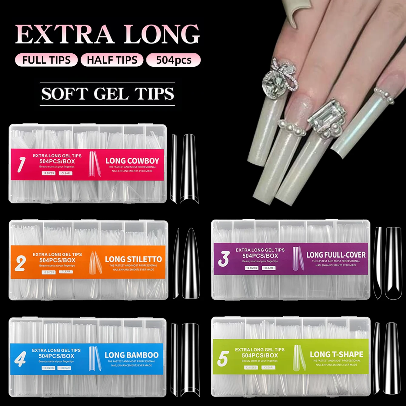 Long Square Acrylic Fake Clear Nail Tips Set, 504Pcs Full Cover Artificial False Nails Tips Kit Press on Nails, 12 Sizes
