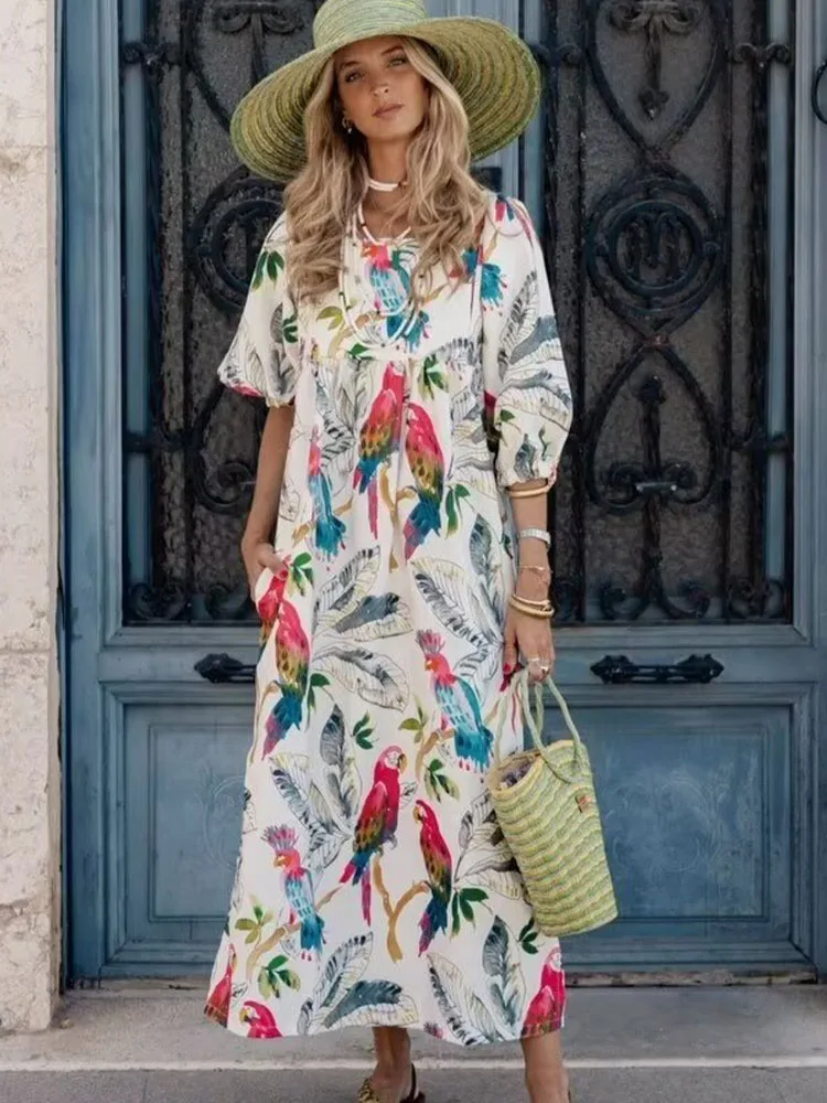 

TRAFZA Summer Women's Elegant Printed Dress Female Bubble Sleeve Hem Split Decorative Square Neck Long Dress Streetwear Mujer