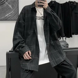 Spring Autumn Versatile Men's Cool Casual Loose Tess Button T-Shirt Soft Long Sleeve College Style Plaid Student Sport Pocket