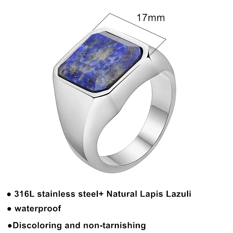 Classic Natural Lapis Lazuli Men Ring with Square Real Stone Silver Color Man Accessories Jewelry Surgical Stainless Steel 2023