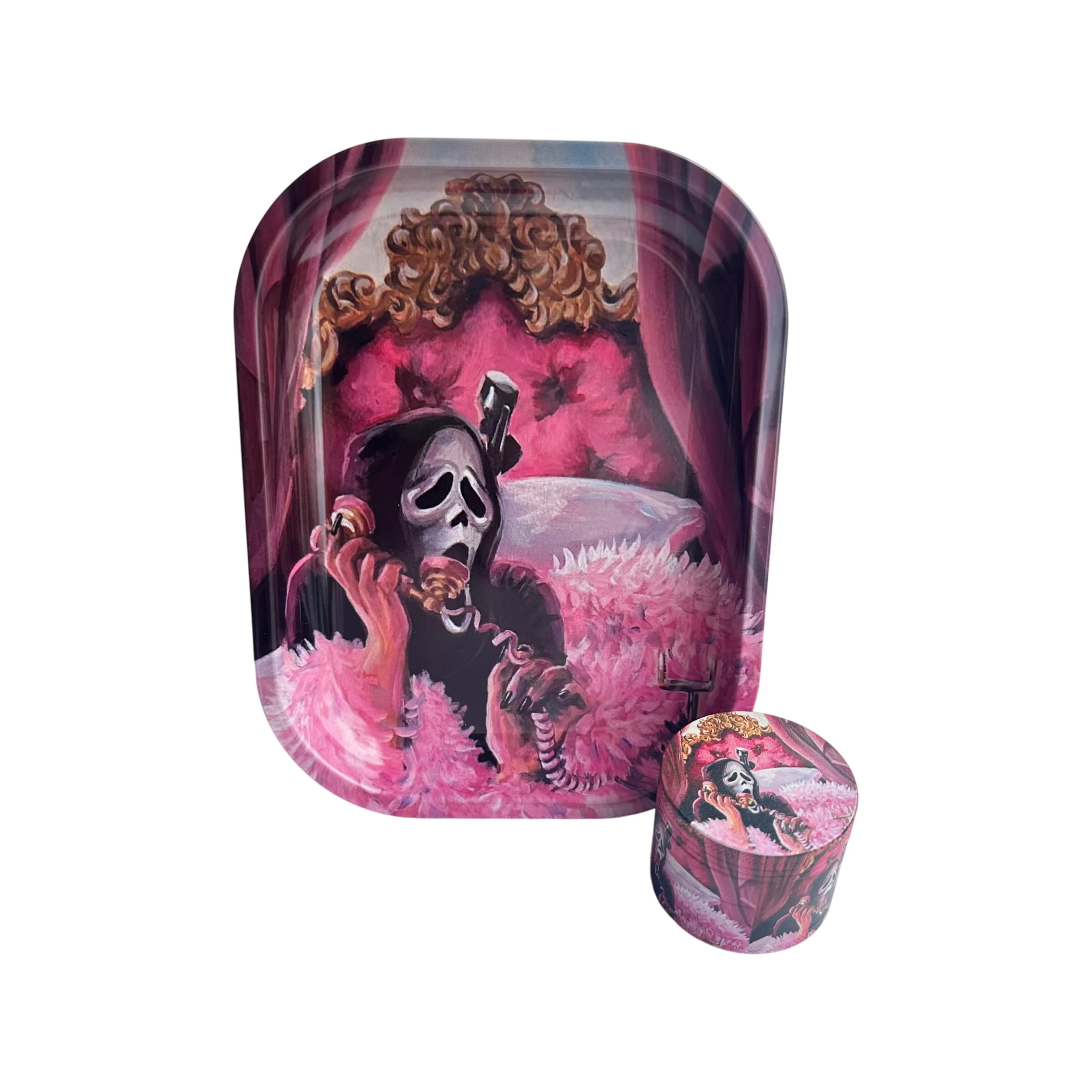 2 Pieces Skeleton Making A Call Metal Rolling Tray and Herb Grinder Combo