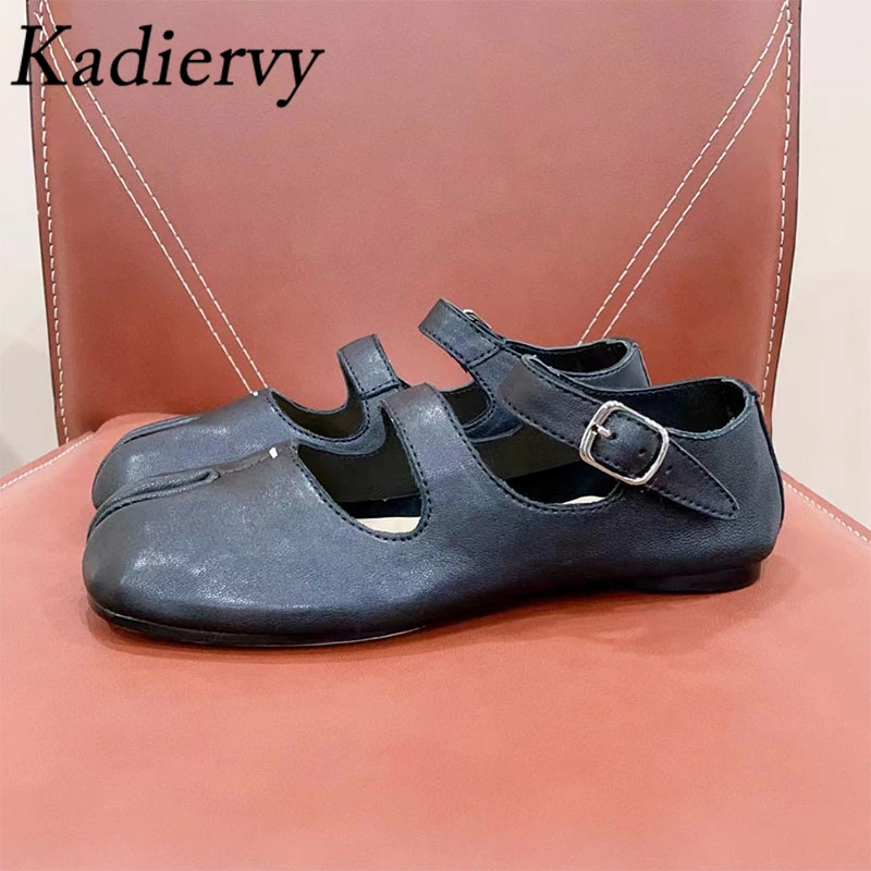 

Hot Sales Ballet Shoes Woman Split Toe Buckle Strap Runway Shoes Ladies Genuine Leather Loafers Comfort Flat Walk Shoes Women