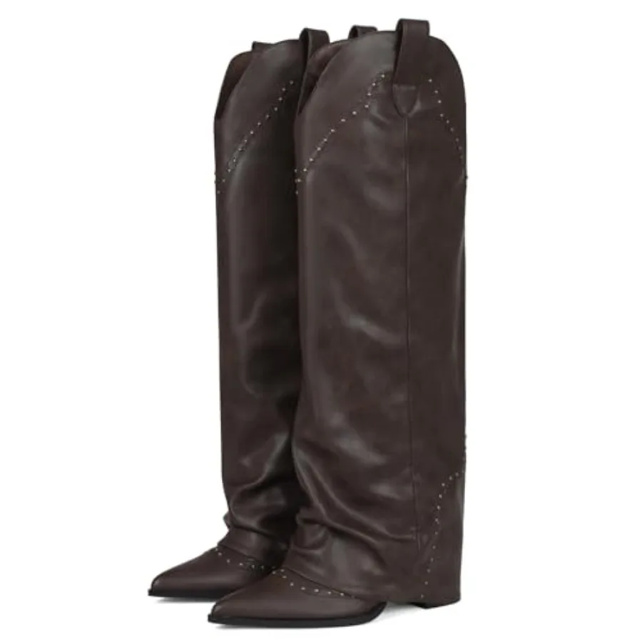 Botas altas de mujer EQAUDES con tachuelas de tiburón, estilo cowboy/cowgirl, con punta en pico, sin cierre, para vestir