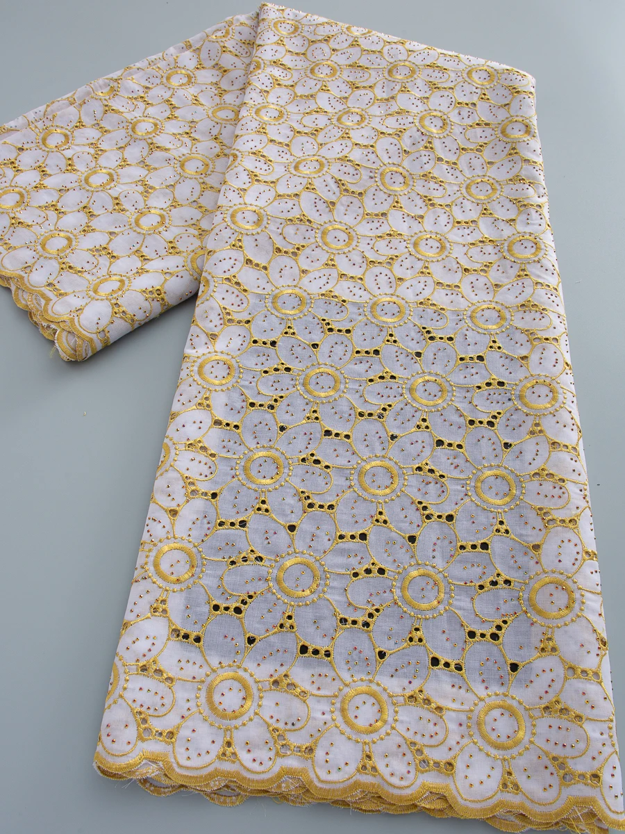 

Роскошная золотая вышитая африканская хлопковая кружевная ткань, швейцарская кружевная ткань из вуали для пошива вечерних платьев для африканских женщин