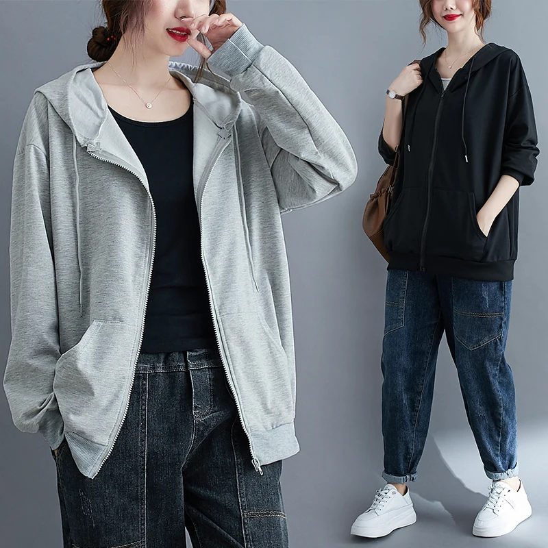 

Женская толстовка с капюшоном, свободного кроя, больших размеров, универсальная, скрывающая живот, на молнии, верхняя одежда, хлопковая, с длинным рукавом, повседневная
