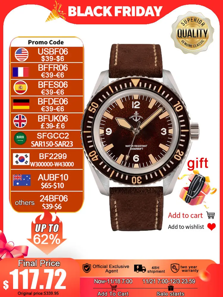 Hruodland F025 Retro Sports Men Watches NH35 Automatic Mechanical Stainless Steel Brown Leather Strap Diving Wristwatch for Male